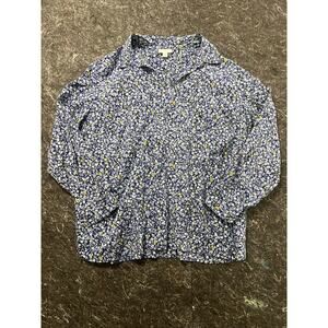 J Jill Womens XL Popover Top Long Sleeves Blue Floral Print Cotton Rayon Blend